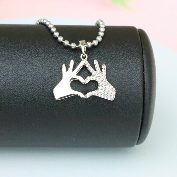 "Silver Heart Hands Pendant in Gold Plated Brass with Crystal Detail, XPPT1728 - Picture 3 of 13